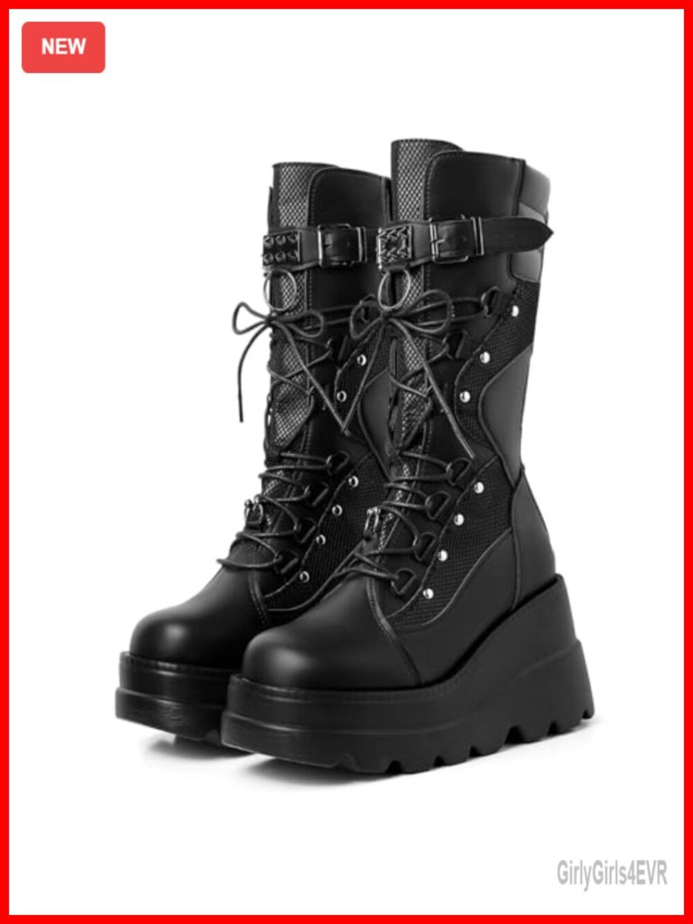 Goth Platform Combat Mid-Calf Boots Vegan PU Leather Faux Suede Lace-Up